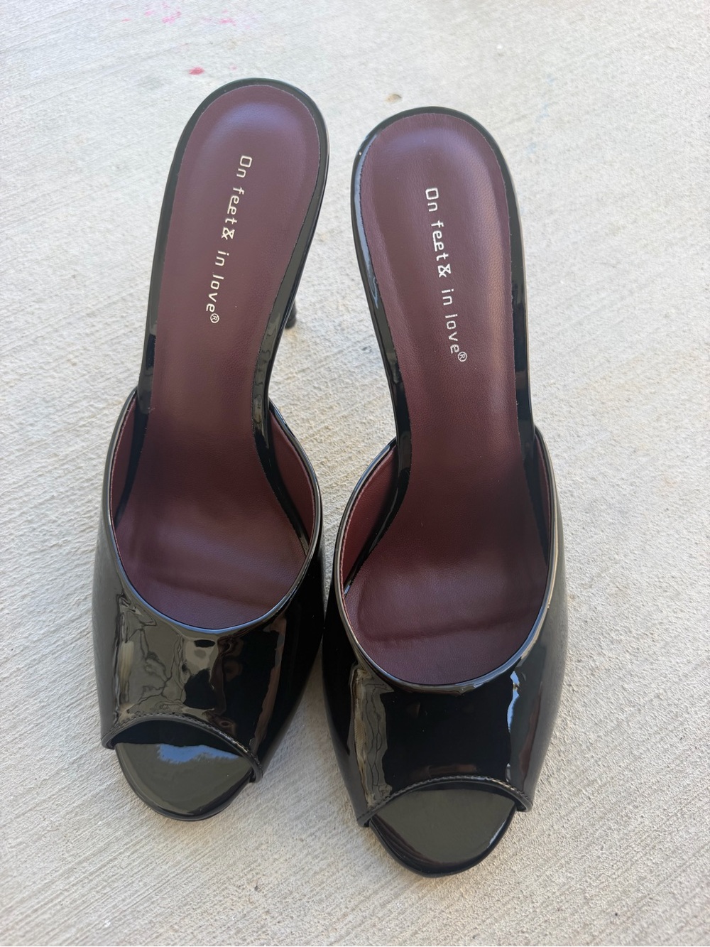 On Feet & In Love Black Patent Peep-Toe Mule Heels